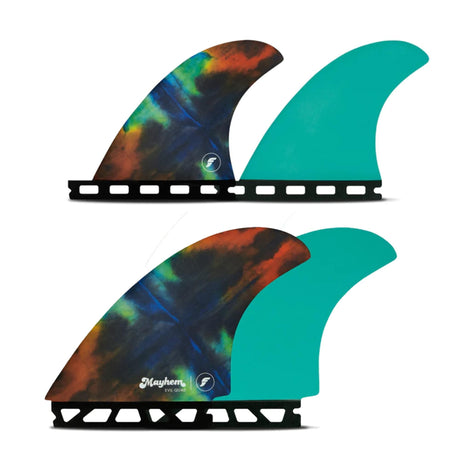 Futures Mayhem Evil Honeycomb Quad Set, vier Flossen mit farbigem Tie-Dye-Muster und türkis, Draufsicht