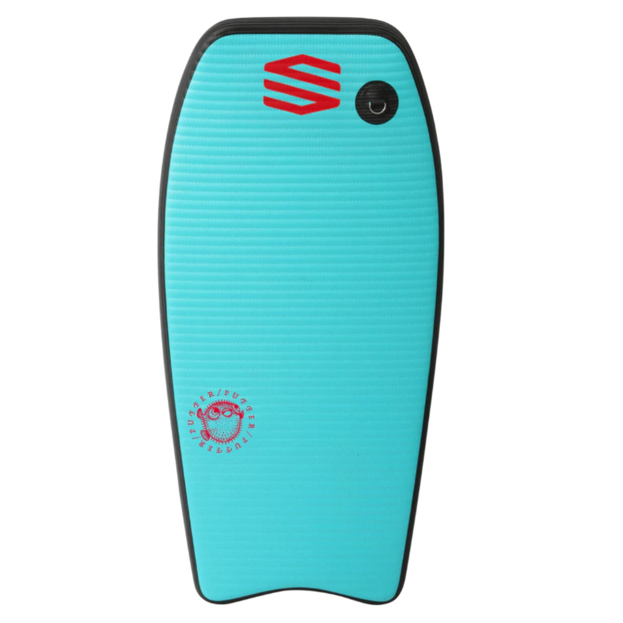 Sniper Pufferfish Bodyboard in Türkis mit rotem Logo und schwarzem Rand, Draufsicht