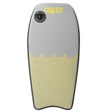 Sniper Pufferfish Bodyboard in Grau und Gelb mit geometrischem Muster, Draufsicht, schwarze Tragegriffe sichtbar
