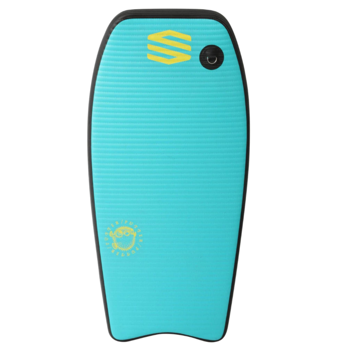 Sniper Pufferfish Bodyboard in Türkis mit gelbem Kugelfisch-Design und schwarzem Rand, Draufsicht