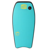 Sniper Pufferfish Bodyboard in Türkis mit gelbem Kugelfisch-Design und schwarzem Rand, Draufsicht