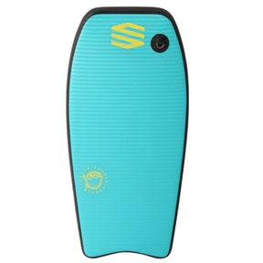 Sniper Pufferfish Bodyboard in Türkis mit gelbem Kugelfisch-Design und schwarzem Rand, Draufsicht