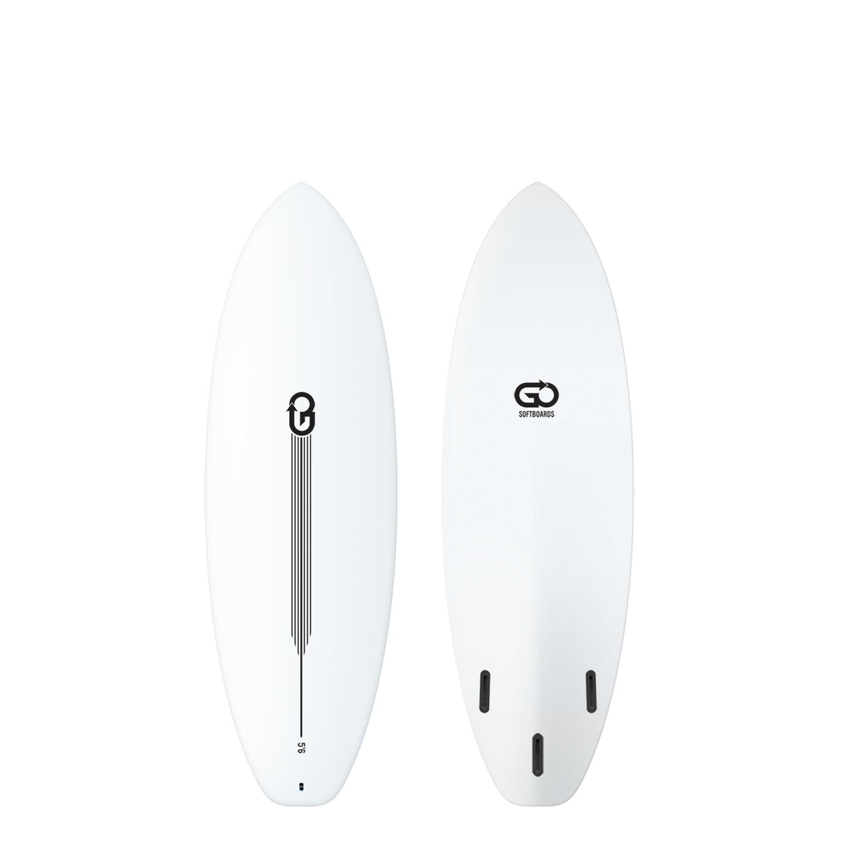 GO Softboard Surf Range Surfboard weiß, Draufsicht und Unterseite, Schaumstoffboard mit Finnen