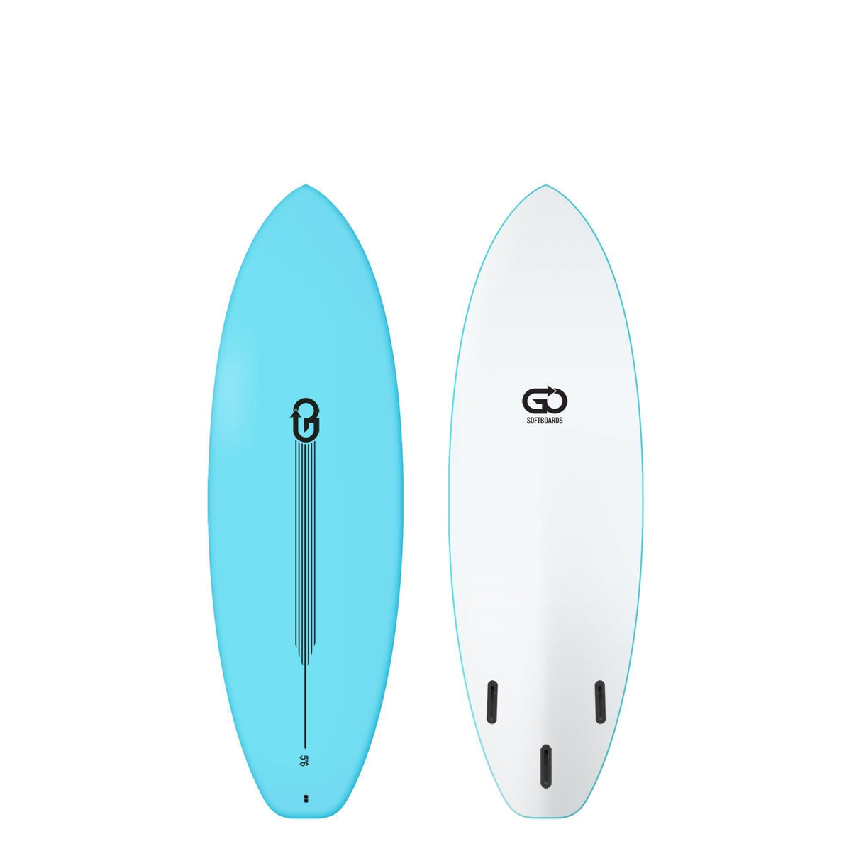 GO Softboard Surf Range in Türkis und Weiß, Schaumstoff-Surfboard, Draufsicht, beide Seiten sichtbar