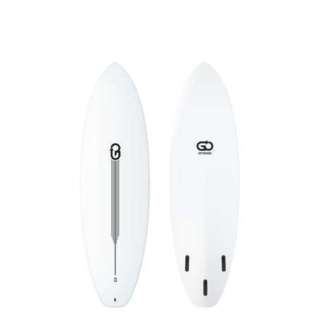 GO Softboard Surf Range weiß, Draufsicht Deck und Bottom, weißes Softboard mit GO-Logo und Finnen-Setup