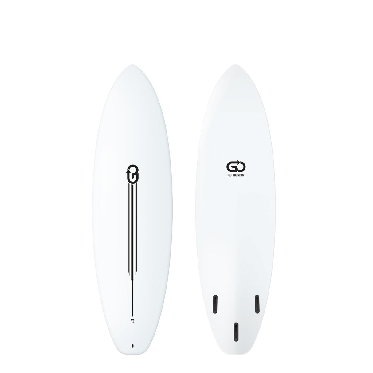 GO Softboard Surf Range, weißes Surfboard, Draufsicht Oberseite und Unterseite, Softboard-Material mit GO-Logo