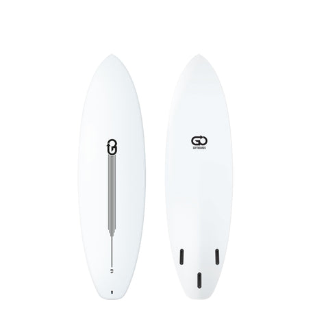 GO Softboard Surf Range, weißes Surfboard, Draufsicht Oberseite und Unterseite, Softboard-Material mit GO-Logo
