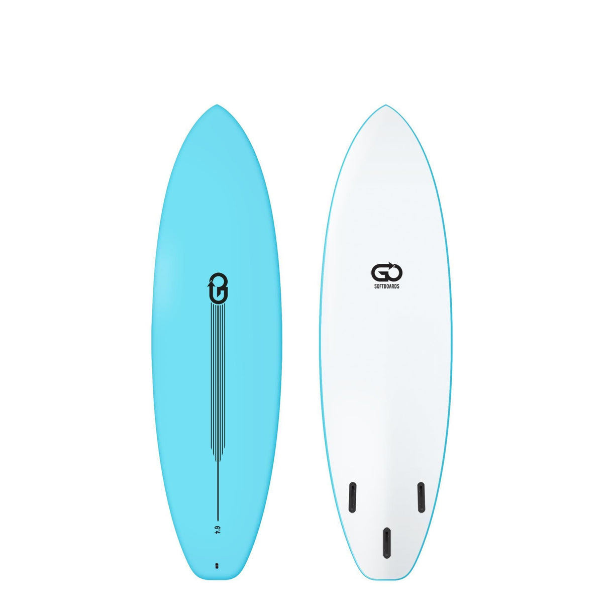 GO Softboard Surf Range, hellblau und weiß, Schaumstoff-Surfboard mit abgerundeter Nose, Draufsicht beider Seiten