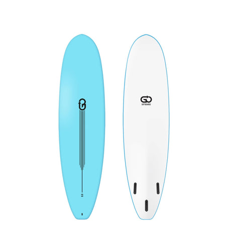 GO Softboard Surf Range in Türkis und Weiß, Draufsicht mit Finnen und GO-Logo sichtbar