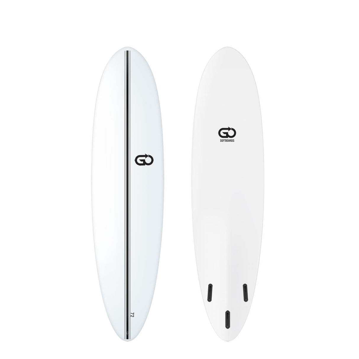 GO Softboard Surf Range weiß, Draufsicht und Seitenansicht, Schaumstoffboard mit schwarzer Mittellinie und drei Finnen