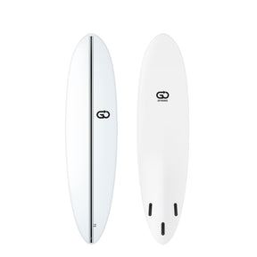 GO Softboard Surf Range weiß, Draufsicht und Seitenansicht, Schaumstoffboard mit schwarzer Mittellinie und drei Finnen
