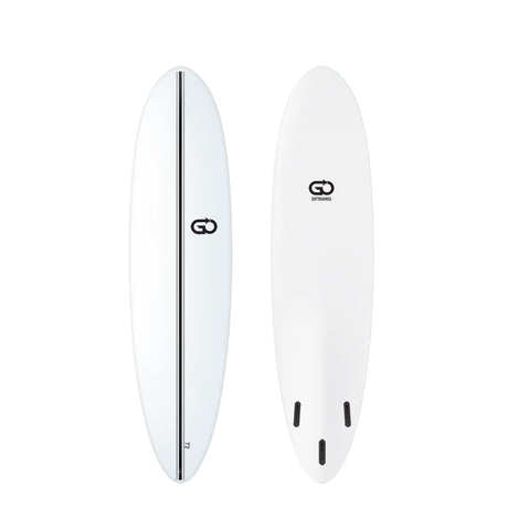 GO Softboard Surf Range weiß, Draufsicht und Seitenansicht, Schaumstoffboard mit schwarzer Mittellinie und drei Finnen