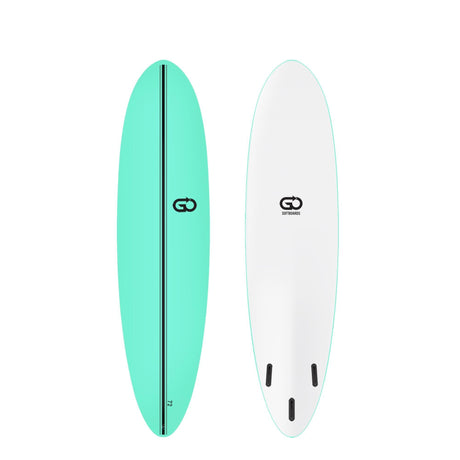 GO Softboard Surf Range in Mintgrün und Weiß, Vorder- und Rückansicht, Schaumstoff-Surfboard mit schwarzem Mittelstreifen