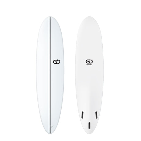 GO Softboard Surf Range Surfboard weiß, Schaumstoff, Draufsicht von oben und unten mit mittlerem Streifen