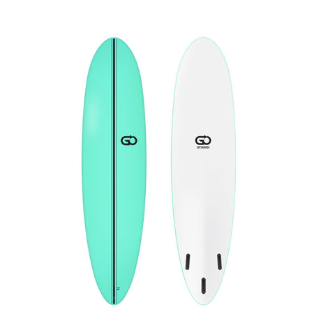 GO Softboard Surf Range in Mint und Weiß, Draufsicht und Unterseite, mit Schaumstoff-Konstruktion