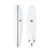 GO Softboard Surf Range weißes Surfboard mit Streifen, Draufsicht und Unterseite, schaumstoffgepolstert