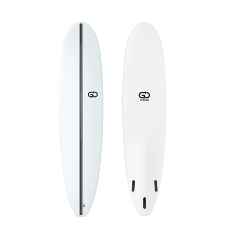 GO Softboard Surf Range weißes Surfboard mit Streifen, Draufsicht und Unterseite, schaumstoffgepolstert