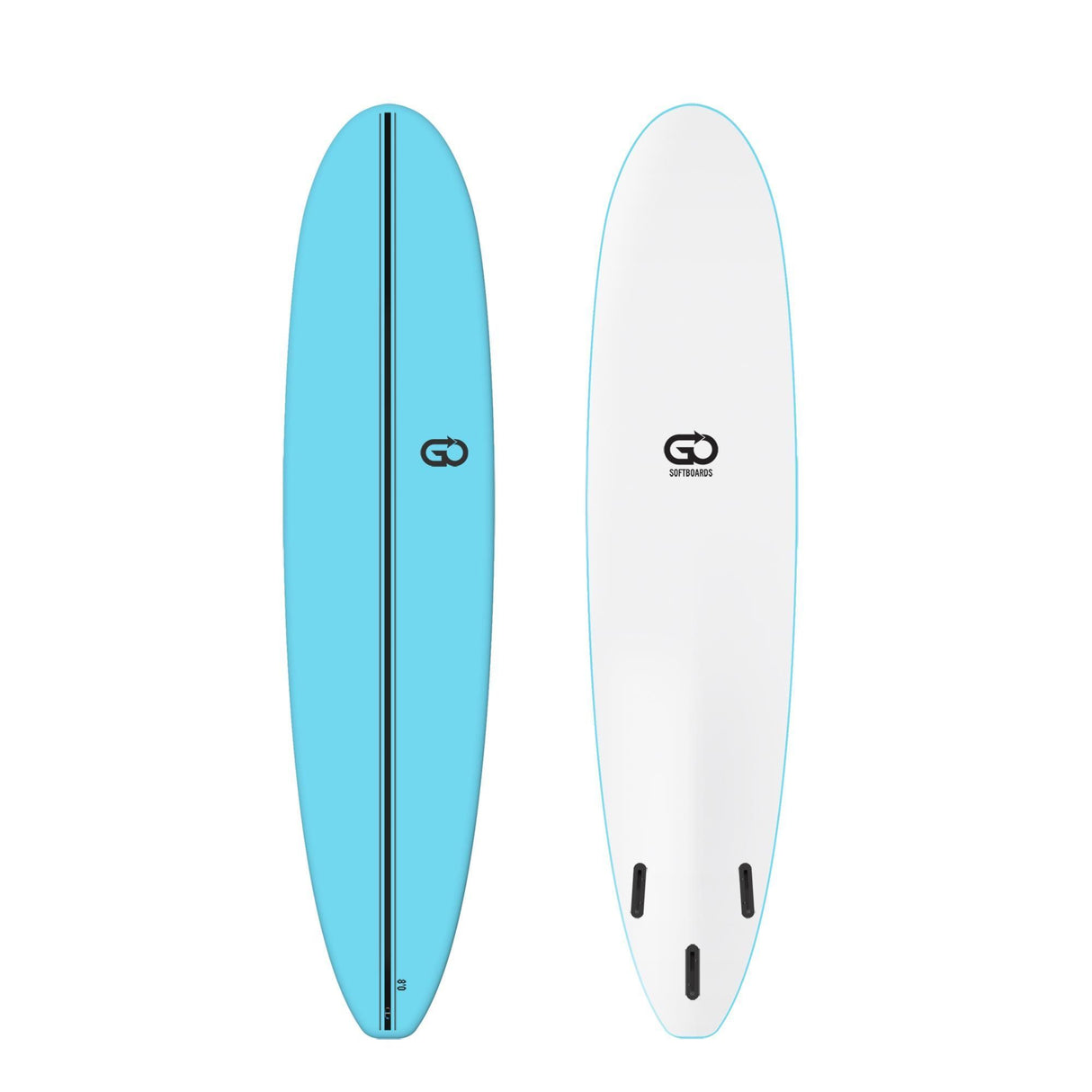 GO Softboard Surf Range, zwei Surfbretter in Blau und Weiß, Draufsicht, Schaumstoff-Material mit GO-Logo