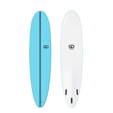 GO Softboard Surf Range, zwei Surfbretter in Blau und Weiß, Draufsicht, Schaumstoff-Material mit GO-Logo
