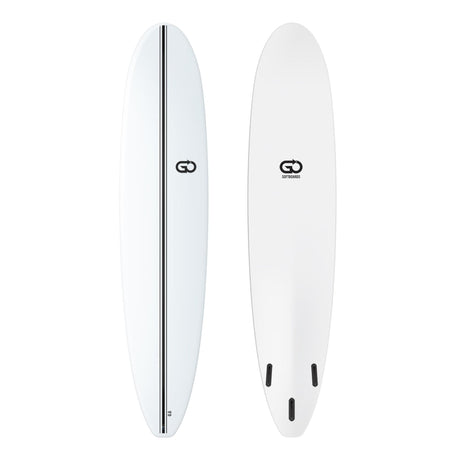 GO Softboard Surf Range Weiß, Draufsicht und Unterseite, weißes Softboard mit schwarzer Mittellinie und Finnen
