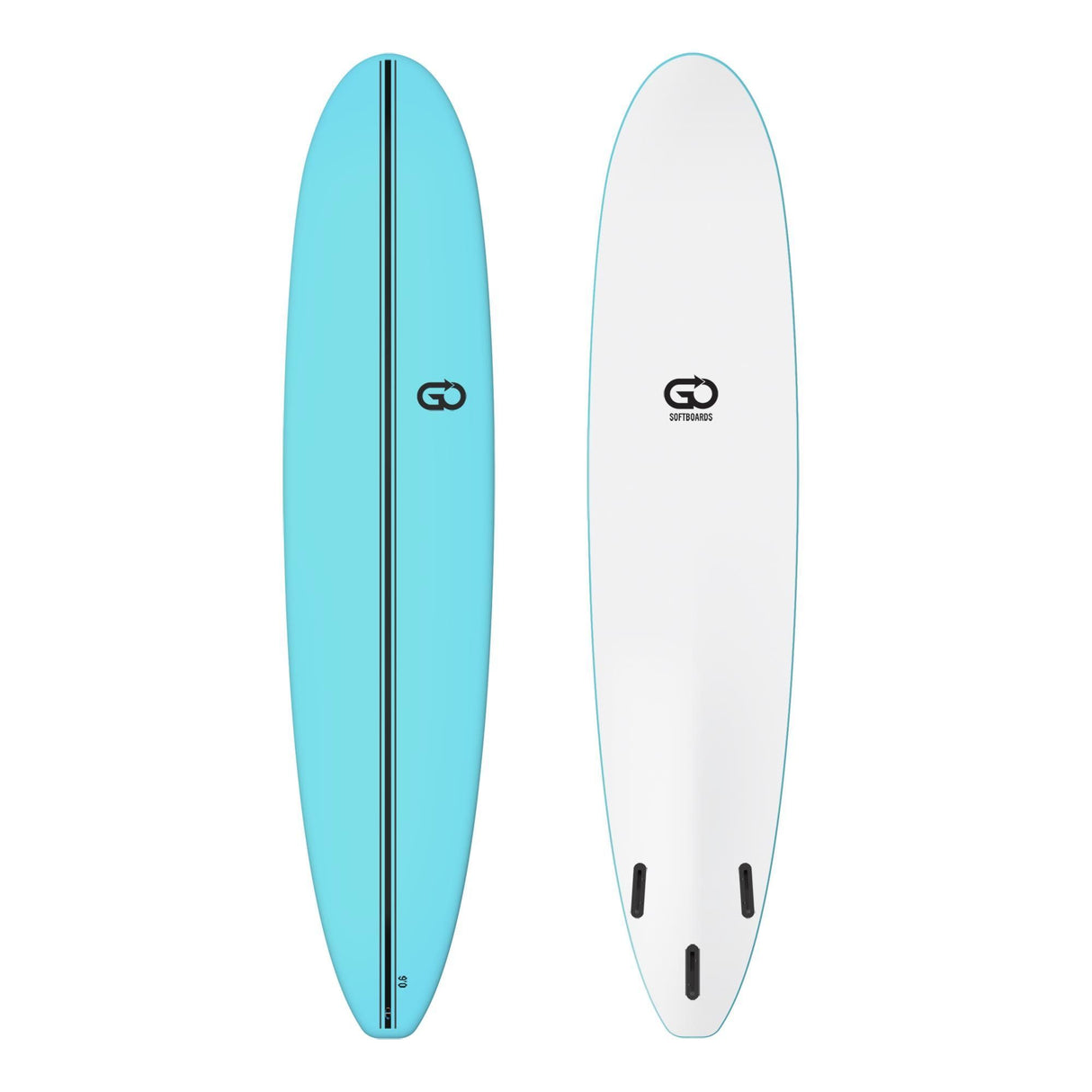 GO Softboard Surf Range, zwei Surfboards in Blau und Weiß, Draufsicht, Soft-Top Design mit Finnen