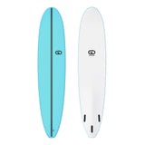 GO Softboard Surf Range, zwei Surfboards in Blau und Weiß, Draufsicht, Soft-Top Design mit Finnen