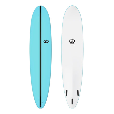 GO Softboard Surf Range, zwei Surfboards in Blau und Weiß, Draufsicht, Soft-Top Design mit Finnen