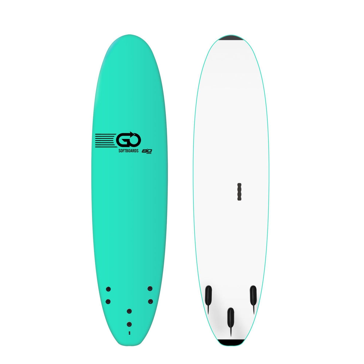 GO School Softboard Türkis, Vorder- und Rückseite, abgerundetes Design mit Finnen, Anfänger-Surfboard