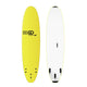 GO School Softboard gelb-weiß, Draufsicht und Unterseite, mit schwarzen Finnen und gelbem Rail, Anfänger-Surfboard