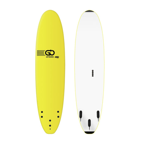 GO School Softboard gelb-weiß, Draufsicht und Unterseite, mit schwarzen Finnen und gelbem Rail, Anfänger-Surfboard