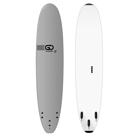 GO School Softboard, grau und weiß, Schaumstoff-Surfbrett mit abgerundeter Nose, Draufsicht und Unterseite