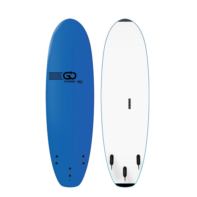 GO Softboard School Surfboard XTR Wide Body, blau und weiß, Vorder- und Rückseite, mit Finnen