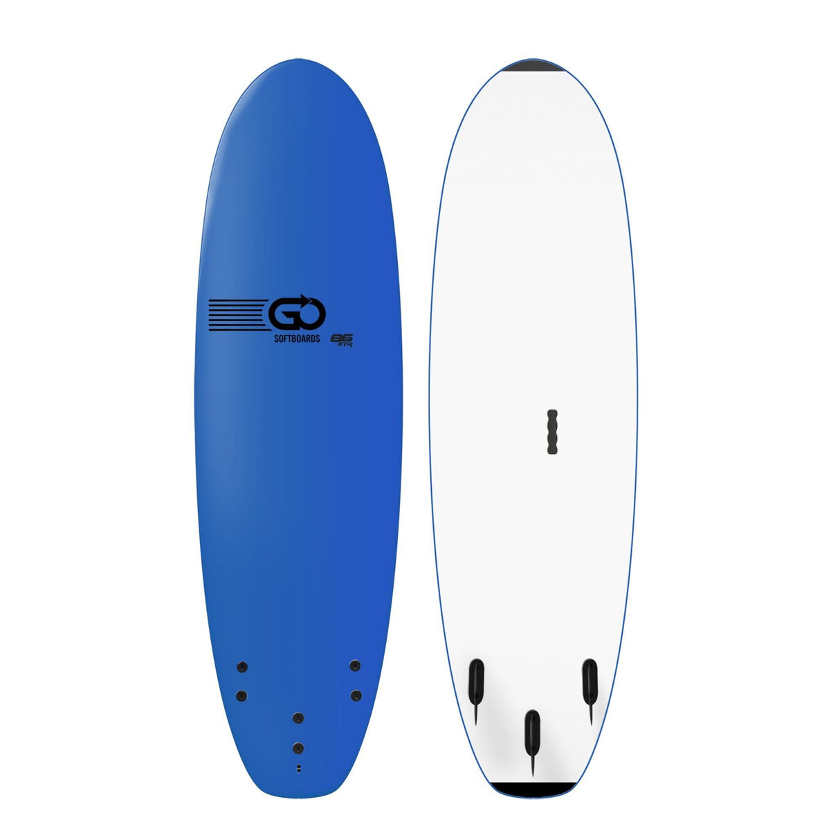 GO Softboard School Surfboard XTR Wide Body, blau und weiß, Draufsicht von oben und unten, mit Finnen