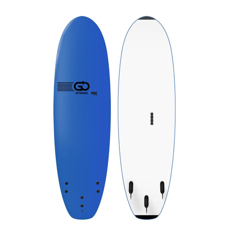 GO Softboard School Surfboard XTR Wide Body, blau und weiß, Draufsicht von oben und unten, mit Finnen