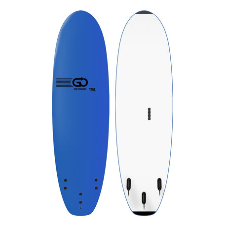 GO Softboard School Surfboard XTR Wide Body, blau und weiß, Vorder- und Rückseite, breites Design mit Finnen
