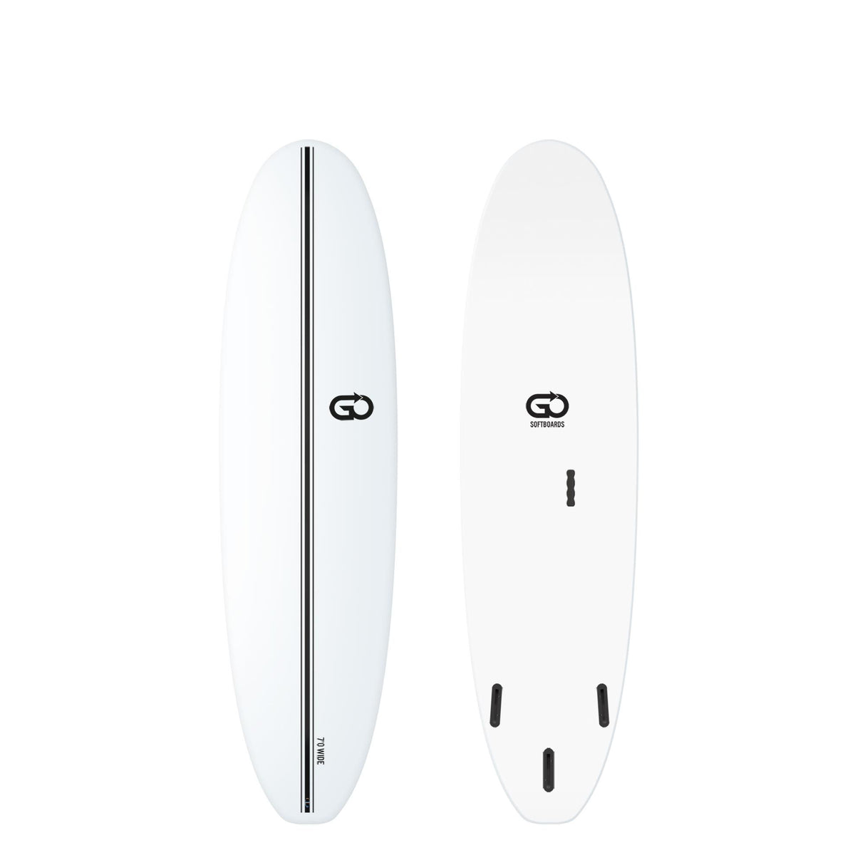 GO Softboard Surf Range Wide, weißes Surfbrett, Draufsicht und Unterseite, mit schwarzem Mittelstreifen und Finnen