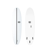 GO Softboard Surf Range Wide, weißes Surfbrett, Draufsicht und Unterseite, mit schwarzem Mittelstreifen und Finnen