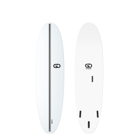 GO Softboard Surf Range Wide, weißes Surfbrett, Draufsicht und Unterseite, mit schwarzem Mittelstreifen und Finnen