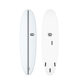 GO Softboard Surf Range Wide, weißes Surfboard, Draufsicht und Unterseite, breite Form mit abgerundeten Kanten, schwarzes GO-Logo und Finnen sichtbar
