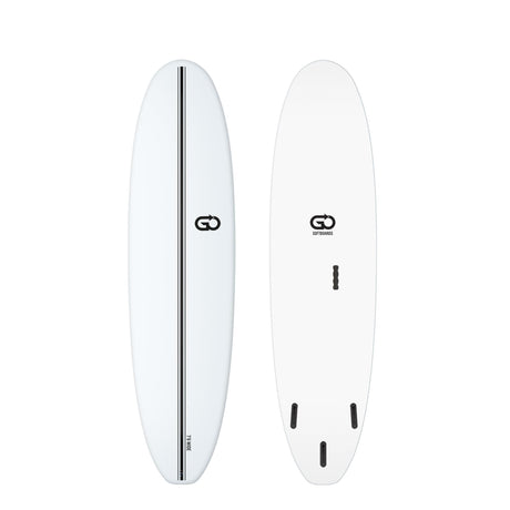 GO Softboard Surf Range Wide, weißes Surfboard, Draufsicht und Unterseite, breite Form mit abgerundeten Kanten, schwarzes GO-Logo und Finnen sichtbar