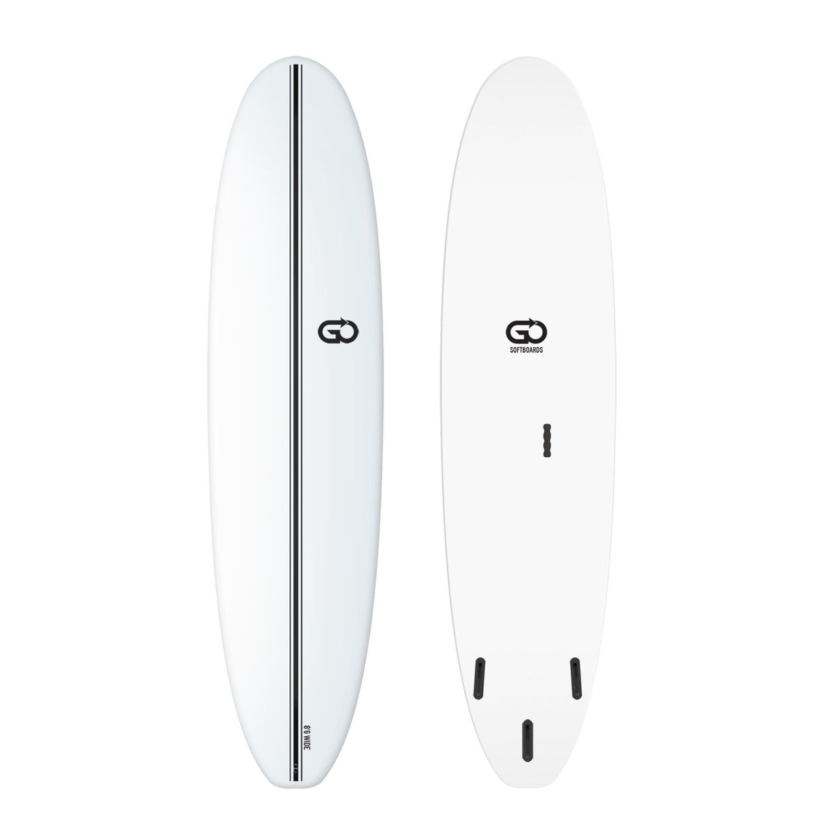 GO Softboard Surf Range Wide weißes Surfboard mit schwarzem Streifen, Draufsicht und Unterseite mit Finnen
