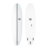GO Softboard Surf Range Wide weißes Surfboard mit schwarzem Streifen, Draufsicht und Unterseite mit Finnen