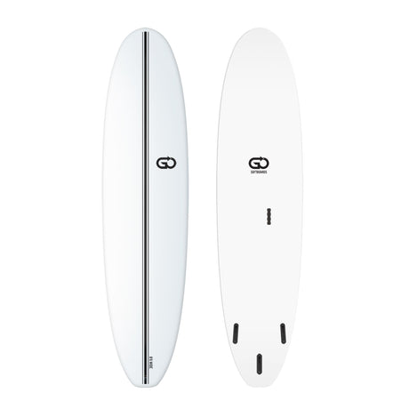 GO Softboard Surf Range Wide weißes Surfboard mit schwarzem Streifen, Draufsicht und Unterseite mit Finnen