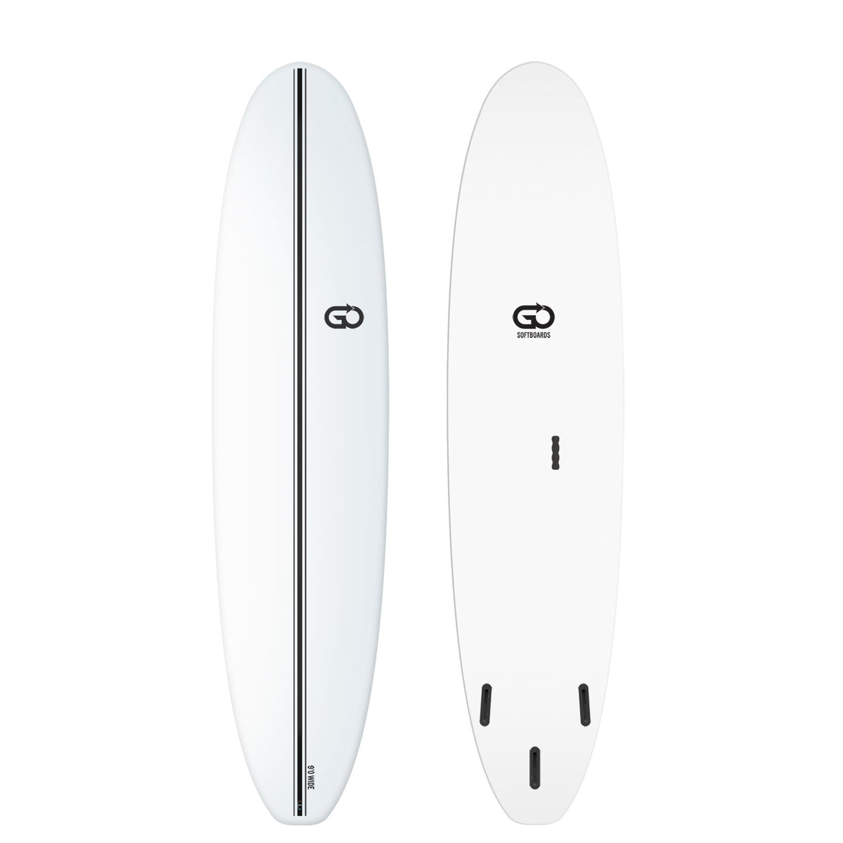 GO Softboard Surf Range Wide in Weiß, Draufsicht und Unterseite, breites Surfboard mit Softmaterial und Finnen