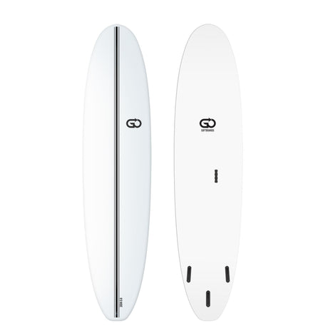 GO Softboard Surf Range Wide in Weiß, Draufsicht und Unterseite, breites Surfboard mit Softmaterial und Finnen
