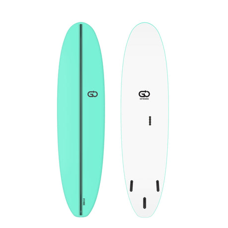 GO Softboard Surf Range Wide in Mint und Weiß, Draufsicht auf Deck und Bottom mit Finnen