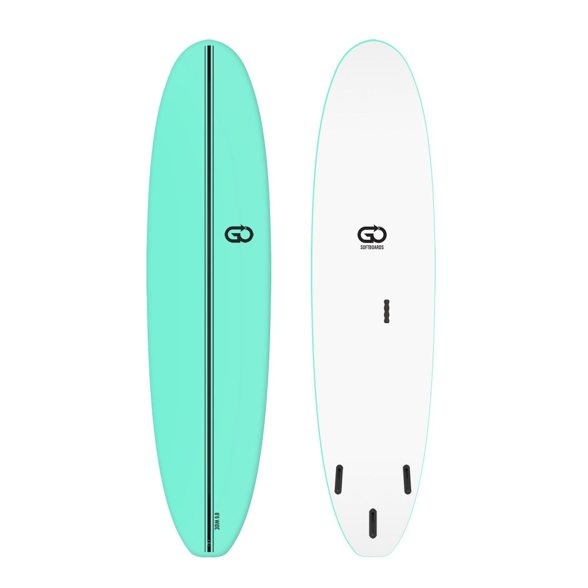 GO Softboard Surf Range Wide in Türkis und Weiß, Draufsicht und Unterseite, mit breitem Design und Finnen