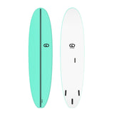 GO Softboard Surf Range Wide in Türkis und Weiß, Draufsicht und Unterseite, mit breitem Design und Finnen