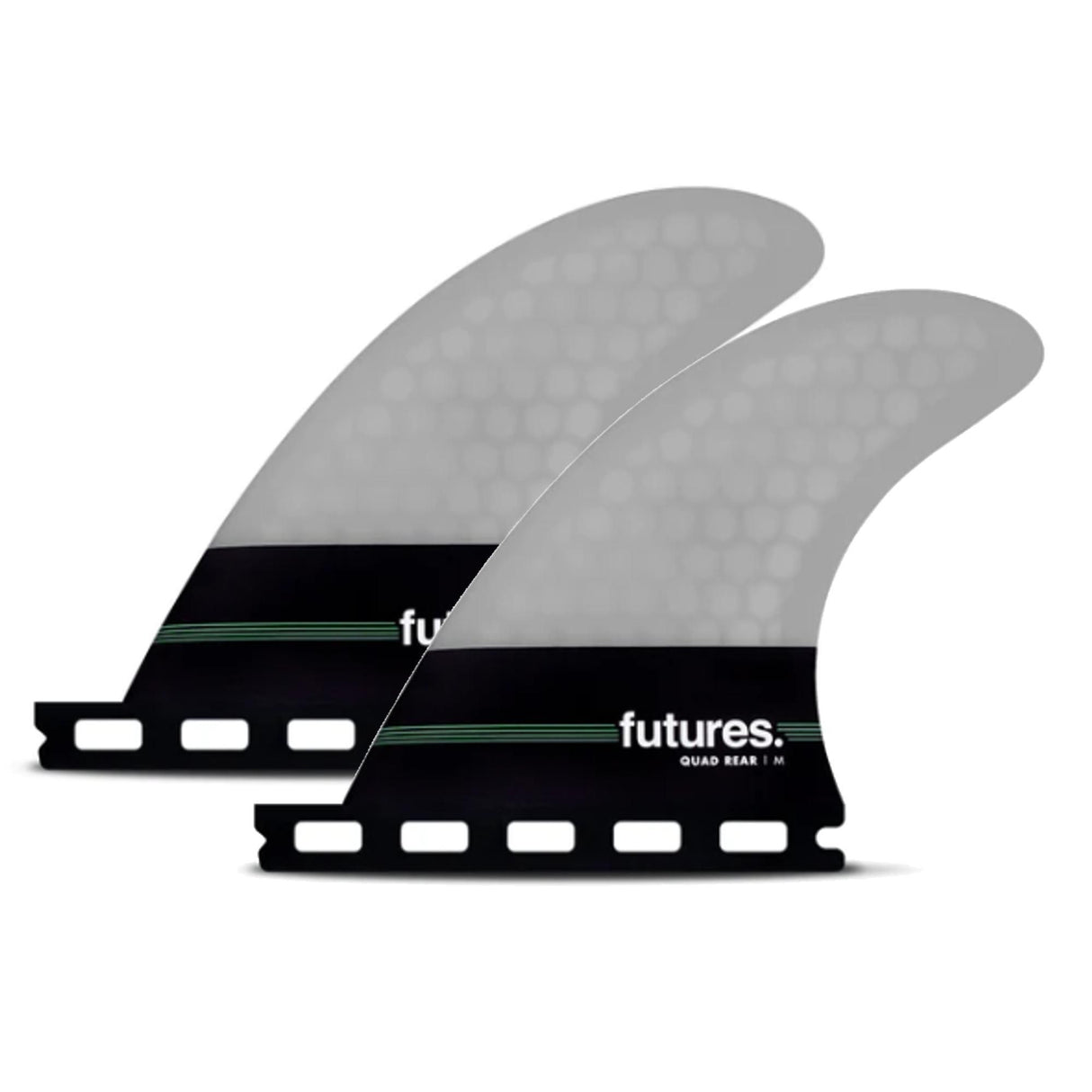 Futures Honeycomb Quad Rear Set, grau-schwarze Surfflossen mit Wabenmuster, seitliche Ansicht
