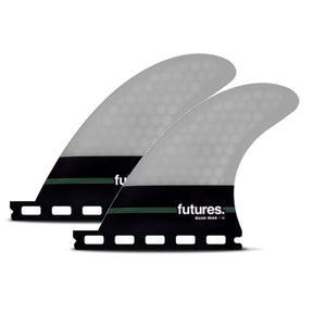 Futures Honeycomb Quad Rear Set, grau-schwarze Surfflossen mit Wabenmuster, seitliche Ansicht